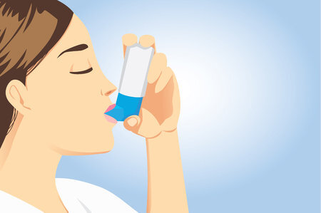 56585522 - allergic patient use asthma inhalers for delivering medication into the body via the lungs. stop allergic symptoms